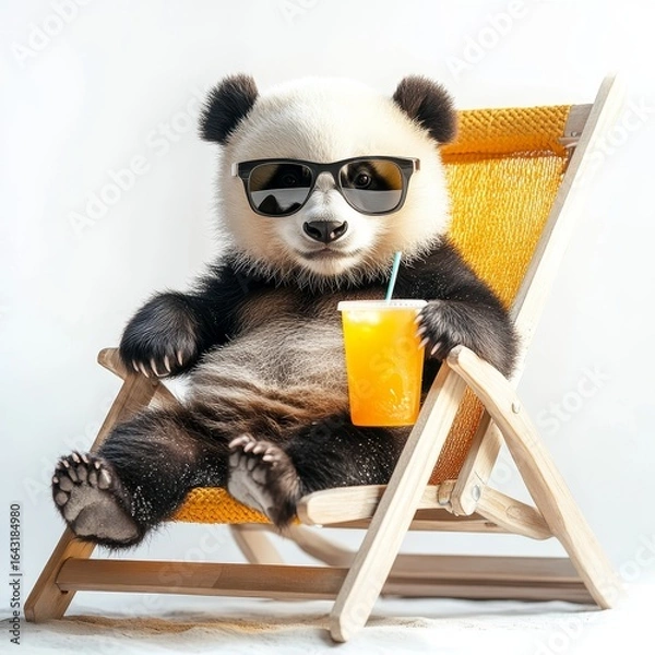 Fototapeta Funny panda bear wearing stylish sunglasses and holding a drink on a beach chair, isolated on a white background for a summer holiday concept, Generative AI