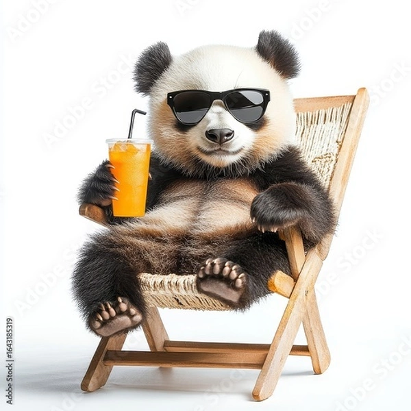 Fototapeta Funny panda bear wearing stylish sunglasses and holding a drink on a beach chair, isolated on a white background for a summer holiday concept, Generative AI