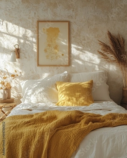 Fototapeta Wooden coffee table placed near a white sofa with grey and yellow pillows against a wall with shelves and a poster frame, capturing modern cottage home interior design living room, Generative AI