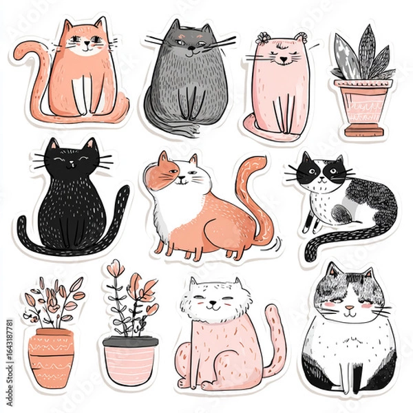 Fototapeta Set of cute vector cat sticker, lovely cat and friendly doodle in different poses . Adorable funny pet characters hand drawn collection for T-shirt,sticker, print, pet shop.