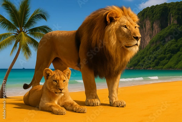 Fototapeta A majestic male lion and a cub on a vibrant tropical beach. The clear blue sky, turquoise ocean, and lush green cliffs create a stunning backdrop for these magnificent creatures. 