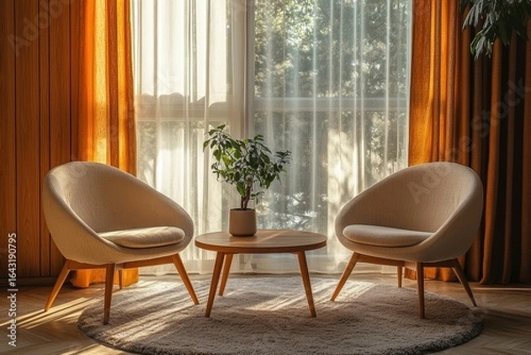 Fototapeta Two barrel chairs and a round wooden coffee table near a window, set against a paneling wall and curtain, ideal for mid-century home interior design, Generative AI