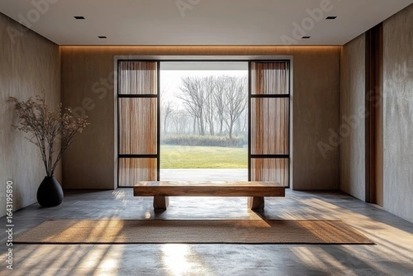 Fototapeta Minimalist interior design of a modern entrance hall featuring a wooden bench, capturing the essence of simplicity and functionality, Generative AI