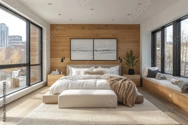 Fototapeta Scandinavian style interior design of a modern bedroom, focusing on clean lines, natural materials, and minimalistic decor, Generative AI