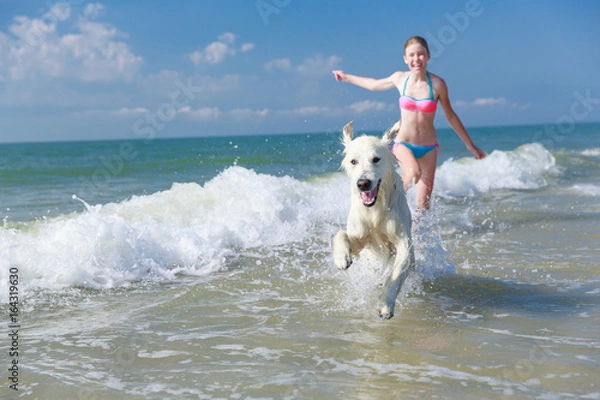 Obraz happy girl playing with a dog on the beach