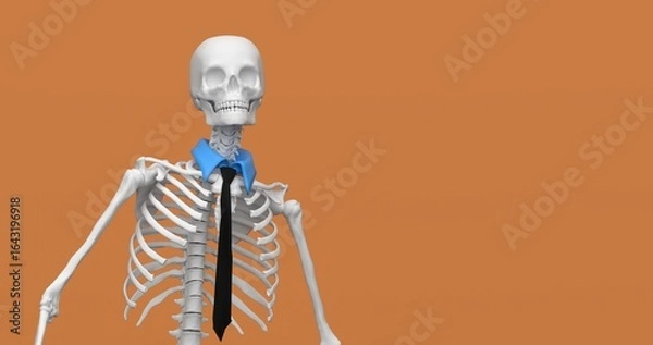 Fototapeta Illustration of a human skeleton wearing a blue collar with a tie, “blue-collar” concept, symbol of labor and office work, creative image, isolated on orange background, 3D render