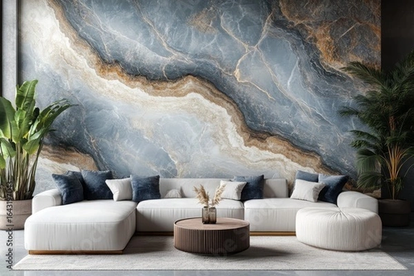 Fototapeta Abstract marble paneling on a wall with a white sofa, creating a serene and beautiful modern living room. 3D rendering, Generative AI