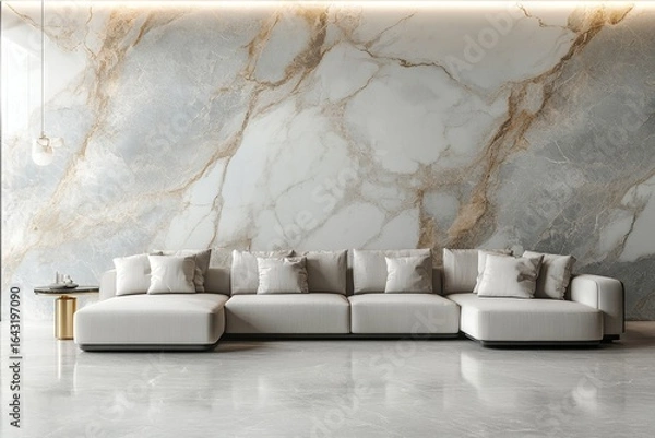 Fototapeta Abstract marble paneling on a wall with a white sofa, creating a serene and beautiful modern living room. 3D rendering, Generative AI