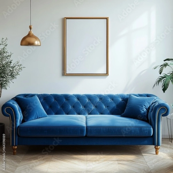 Fototapeta Blue sofa against a white wall with an art poster frame, capturing the mid-century modern style in a living room setting, Generative AI