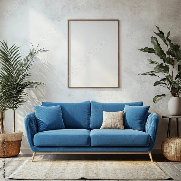 Fototapeta Blue sofa against a white wall with an art poster frame, capturing the mid-century modern style in a living room setting, Generative AI