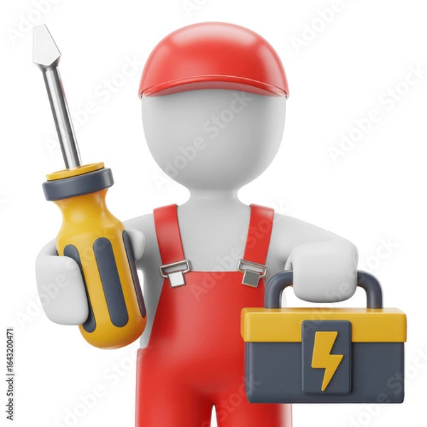 Fototapeta A 3d rendered cartoon handyman character wearing red overalls and a red cap holding a screwdriver and a toolbox isolated on transparent background