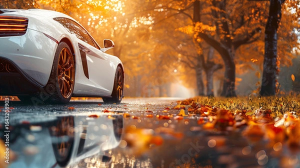 Fototapeta Through the Amber Woods. A luxury car journey under a canopy of fire