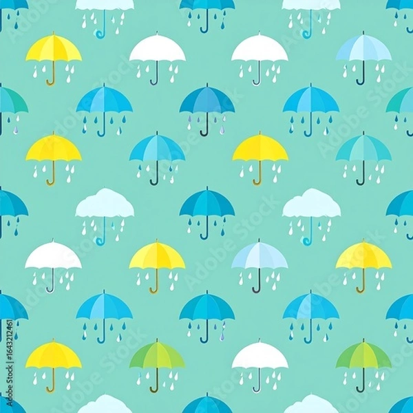 Fototapeta Colorful umbrellas with rain drops in a seamless pattern.