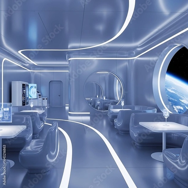 Obraz The interior of a modern, minimalist lounge aboard a spaceship, with integrated seating, glowing white lights, and a porthole window showing a view of Earth from orbit. A sci-fi concept.