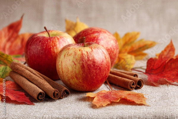Fototapeta Apples with cinnamon sticks and autumn leaves on beige. Fall harvest concept for thanksgiving day card, autumn season greetings, and cooking recipe background