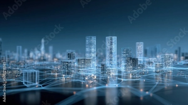 Fototapeta Futuristic Cityscape with Digital Network Overlay: Conceptual Smart City Design for Innovation and Technology
