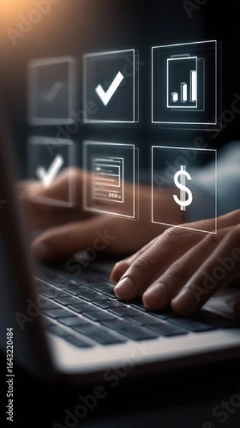 Fototapeta Digital Business Efficiency: Man Typing on Laptop with Virtual Icons Overlay for Task Management