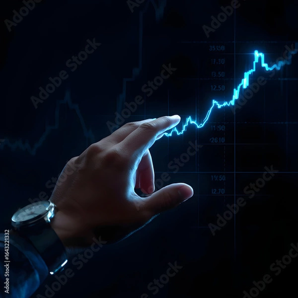 Fototapeta A hand manipulating a holographic stock market graph, with a vibrant, glowing line representing an AI-driven trend prediction