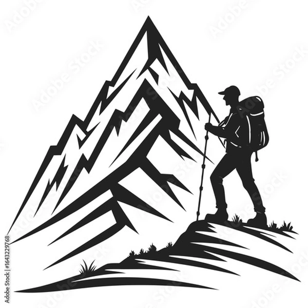 Fototapeta Silhouette of a hiker with a backpack and poles against a stylized mountain peak. Vector logo for adventure, climbing, and outdoor exploration clubs.
