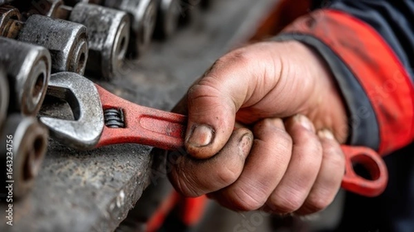 Fototapeta Mechanic using adjustable wrench in workshop industrial setting close-up view tool maintenance
