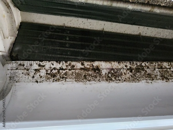 Fototapeta Air conditioner, an electrical appliance used to adjust the temperature of the air in a home, becomes dirty and requires cleaning of mold stains.