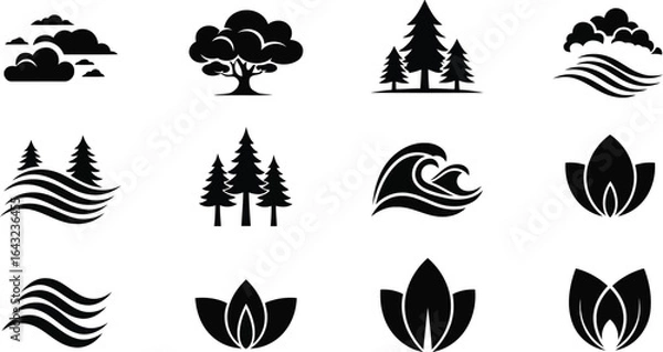 Obraz Set of 12 Nature-Themed Icons – Black and White Vector of Trees, Leaves, Clouds, and Waves