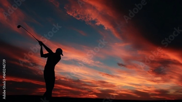Fototapeta Golf player taking a swing against a vibrant sunset sky filled with clouds and colors in the evening