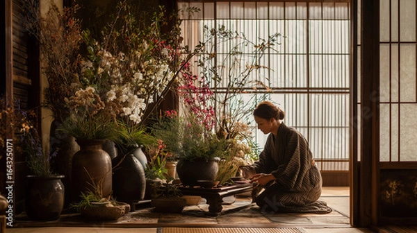 Fototapeta A meditative scene of a person arranging ikebana beside a shoji screen
