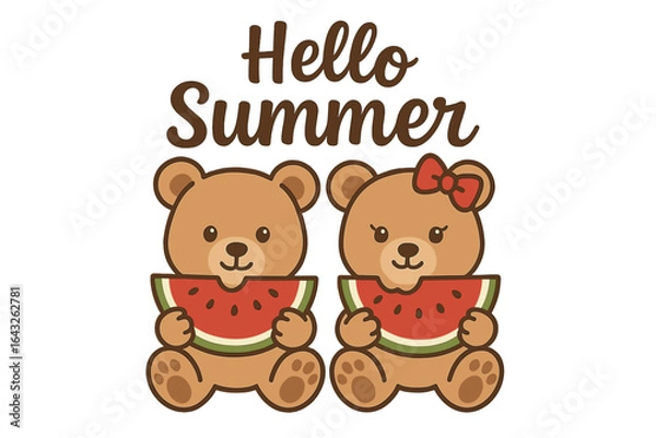 Fototapeta Cute bears enjoying watermelon and welcoming summer in a playful design for seasonal celebrations and events
