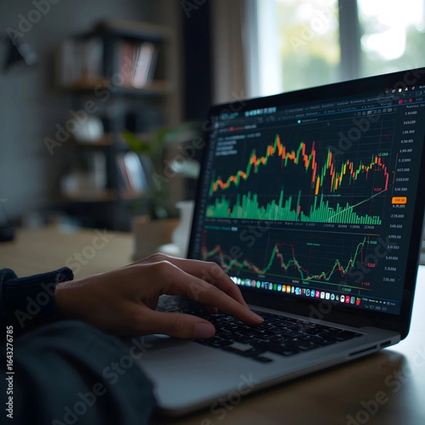 Fototapeta A hand casually using a laptop, with a spreadsheet on the screen showing glowing cells and dynamic financial graphs being calculated in real time