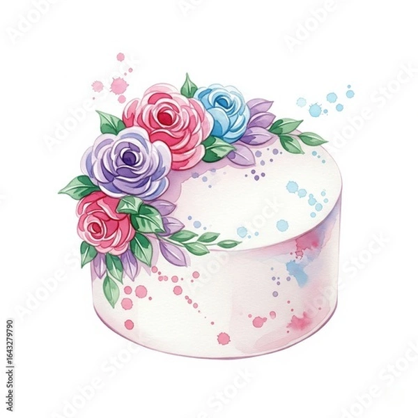 Obraz Watercolor cake with colorful roses illustration on white background
