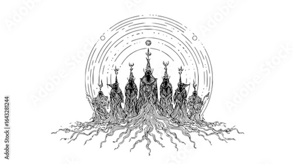 Fototapeta Seven figures in robes with tall headwear standing above roots under a circular celestial pattern design