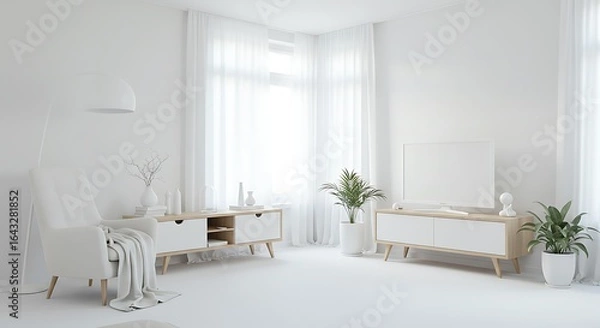 Fototapeta Bright White Scandinavian Living Room Interior Design with Natural Light