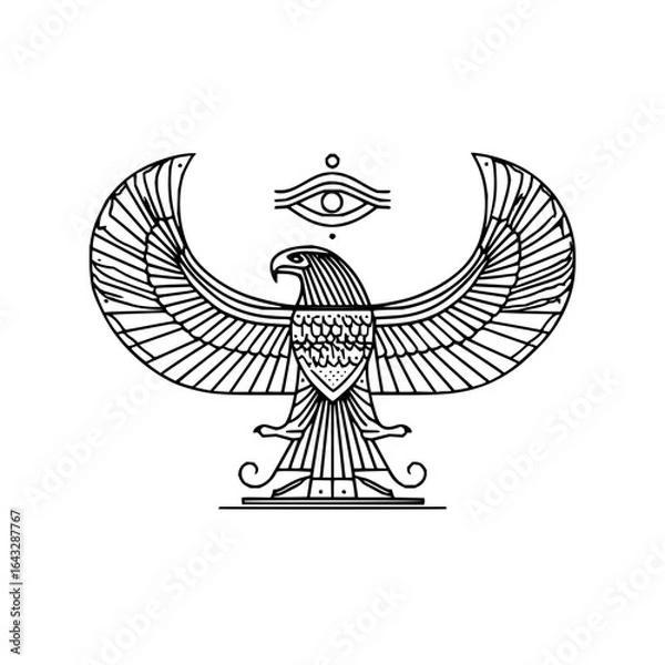 Fototapeta Egyptian style horus with wings spread and eye of horus above it in a line art black and white design