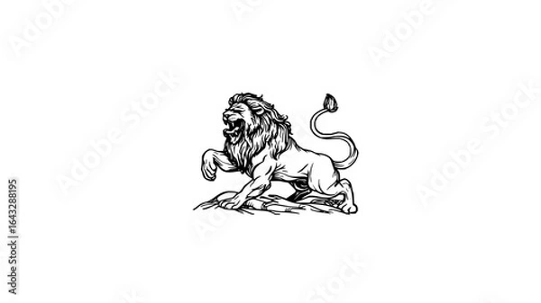 Fototapeta A detailed monochrome illustration of a roaring lion standing on a textured ground with a curled tail up