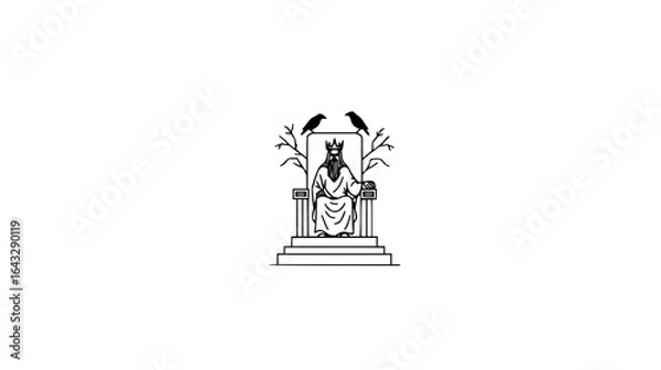 Fototapeta Illustration of a king with a beard and crown sitting on a throne with two ravens perched above him on branches