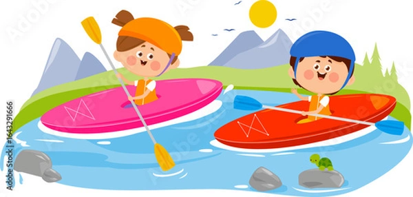 Fototapeta Kayaking sport children using a kayak for moving over water waves in river. Kids rafting on kayak or canoe rowing with paddles in boats. Boy and girl in canoe with paddle or oar doing water sports.