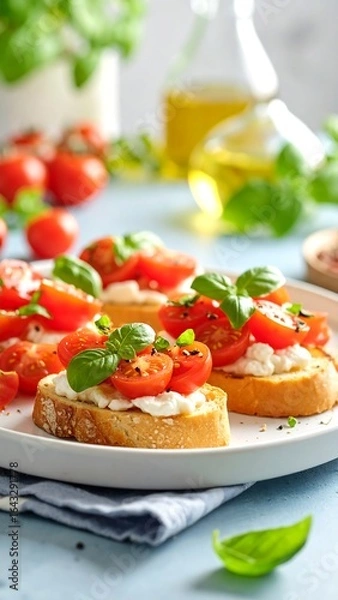 Obraz Toasted baguette slices topped with creamy cheese, roasted cherry tomatoes, and fresh basil