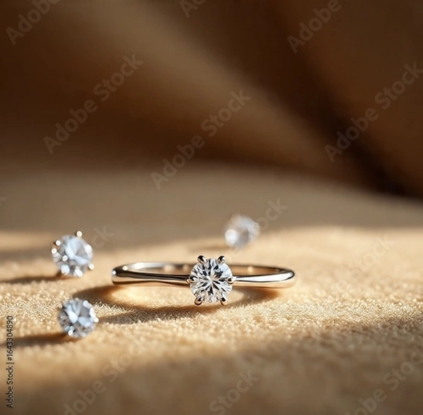 Fototapeta Rose gold ring with a single center diamond, minimalist and modern design. Set against a clean white background.
