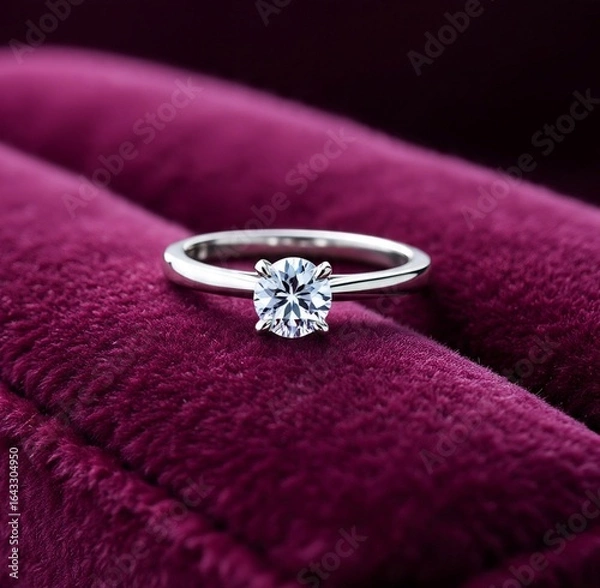 Fototapeta Rose gold ring with a single center diamond, minimalist and modern design. Set against a clean white background.
