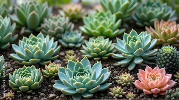 Obraz A beautiful arrangement of colorful Echeveria succulents growing in a garden bed