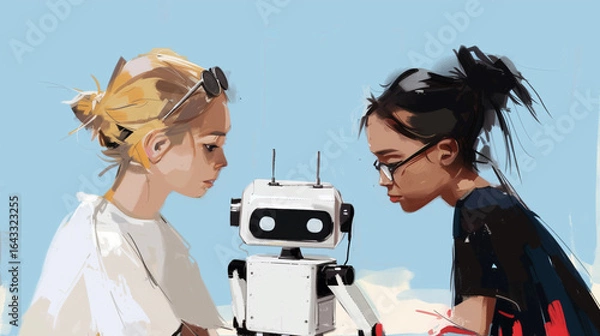 Fototapeta Two girls in glasses made a robot at robotics engineering class. Back to school story