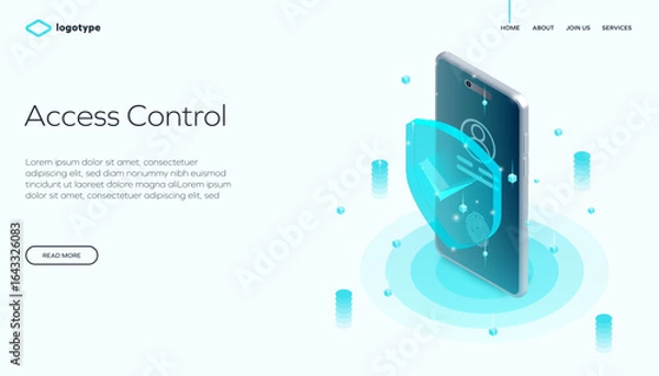 Fototapeta Modern digital illustration of a smartphone with a holographic shield and fingerprint icon, symbolizing secure access, mobile technology, and cyber protection. on a glowing light background.
