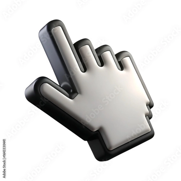 Fototapeta A threedimensional rendering of a white and black hand pointer cursor icon for clicking.