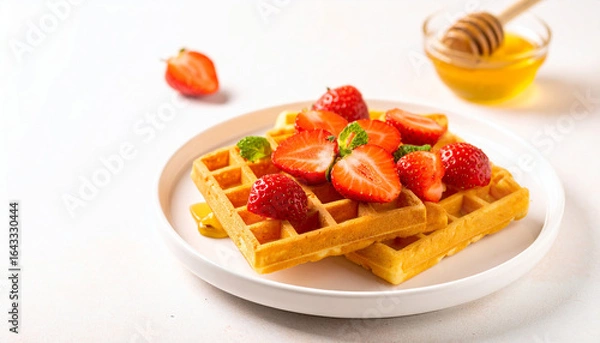 Fototapeta Golden croffle topped with honey drizzle and fresh strawberries, placed on a white ceramic plate, clean background, soft shadows, studio lighting, food photography aesthetic
