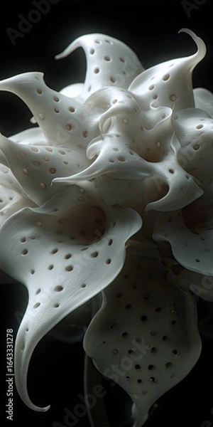 Fototapeta Abstract,  whitish,  organic form with  perforated  textures.  Intricate,  flowing  shapes