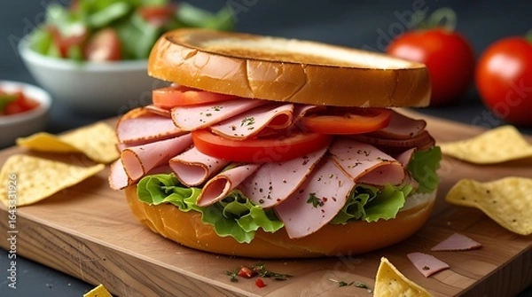 Fototapeta A delicious and hearty deli sandwich overflowing with thinly sliced meats fresh lettuce and ripe tomatoes served with crispy tortilla chips and a side salad