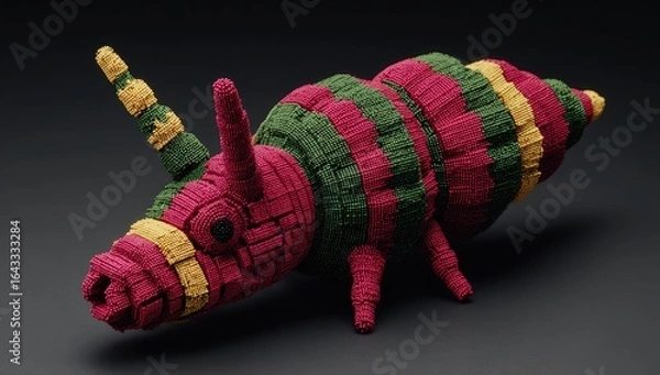 Fototapeta 3D rendered creature, pixelated,  red, green, and yellow