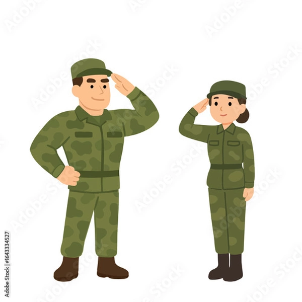 Obraz Male and female soldiers in camouflage uniform saluting, flat vector illustration of military personnel.