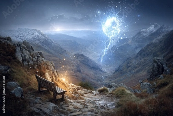 Fototapeta Mountaintop bench, mystical lightning, twilight